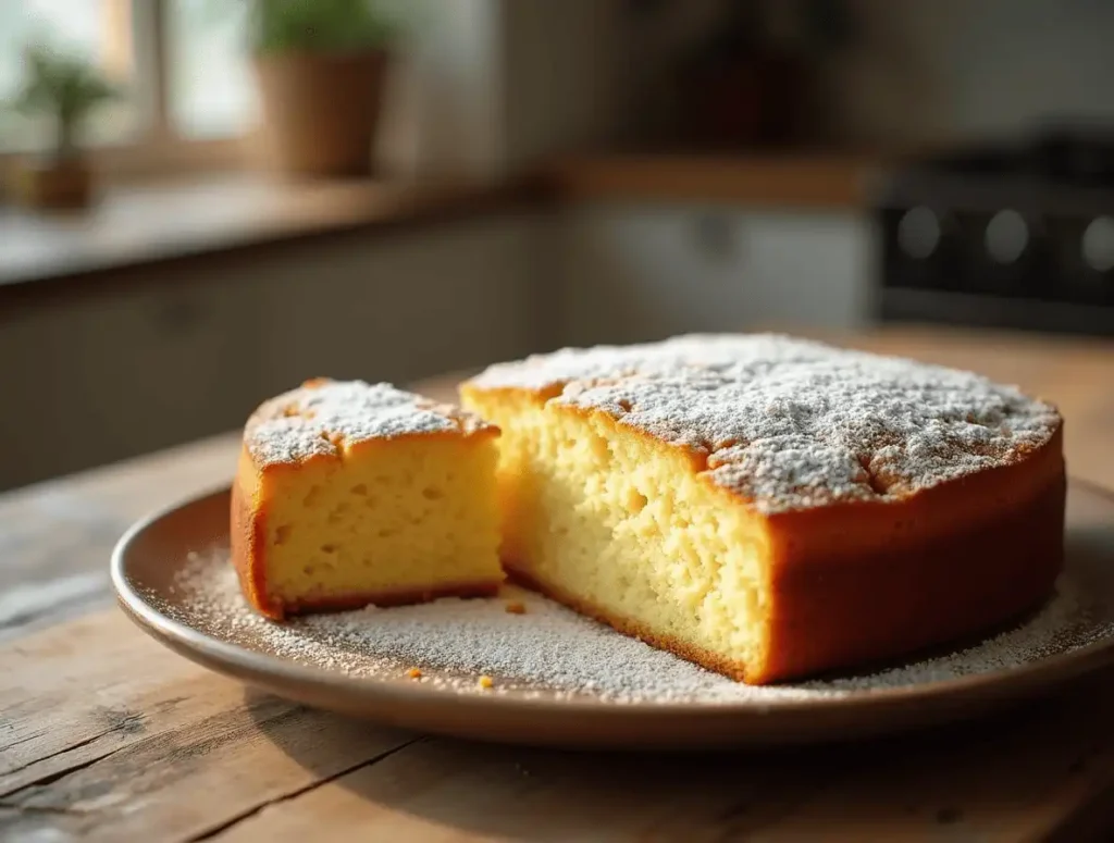 Kuchen ohne Ei mit Puderzucker auf rustikalem Tisch.