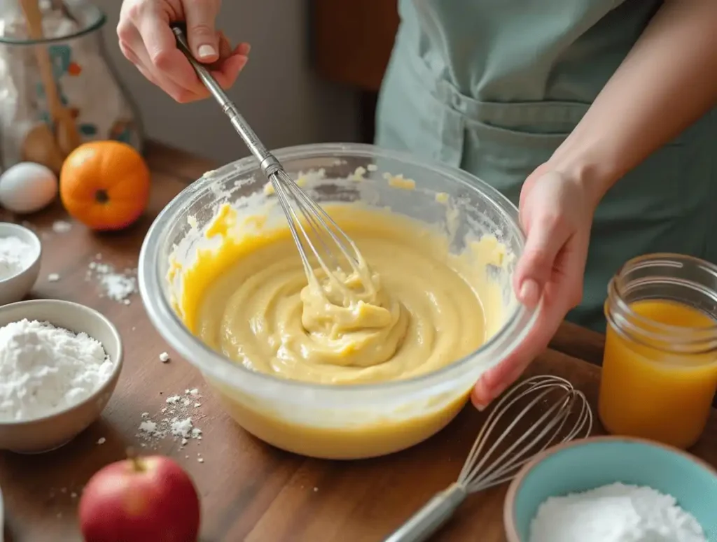 Kuchen ohne Ei-Teig wird in der Küche gemixt.