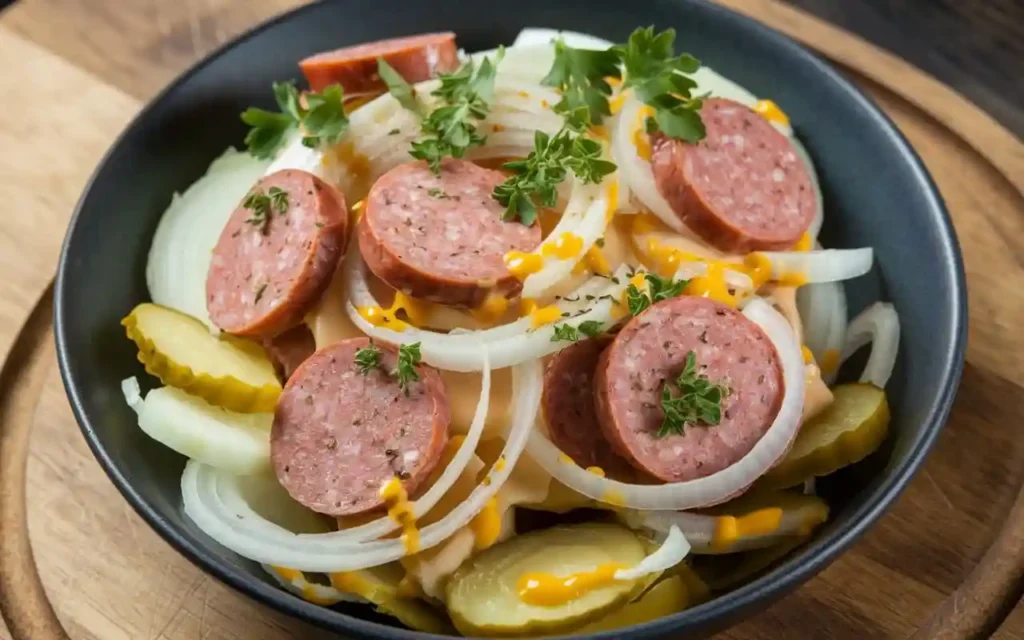 Swiss Wurstsalat with melted cheese, sausage, onions, and pickles.