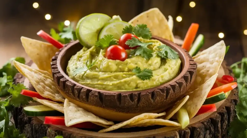 A bowl of creamy avocado dip garnished with lime wedges, cherry tomatoes, and cilantro, served with tortilla chips and vegetable sticks on a rustic wooden table.