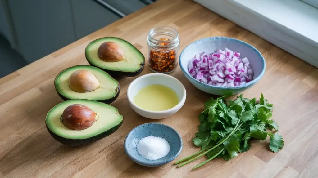 Flat lay of avocado dip ingredients, including halved avocados, lime juice, chili flakes, diced onions, cilantro, and salt on a wooden surface.