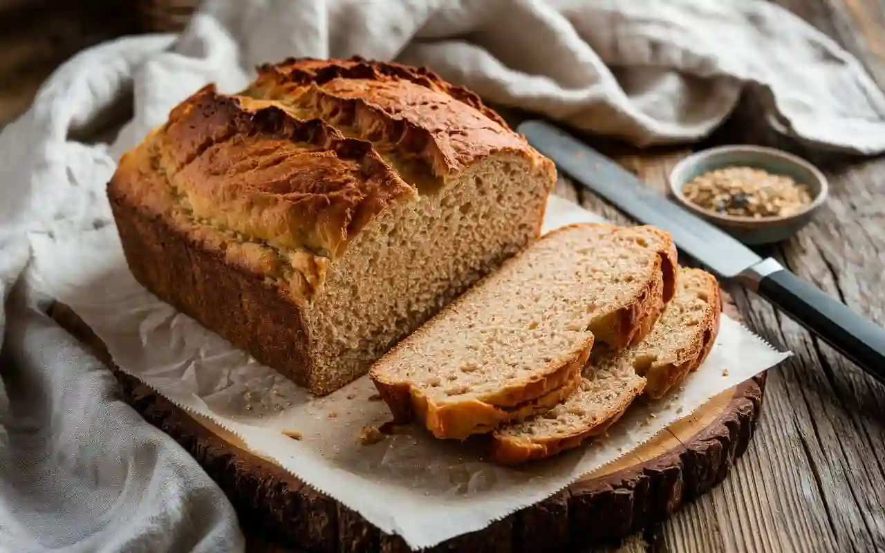 Glutenfreies Brot mit knuspriger Kruste und weicher Krume auf einem Holzbrett.