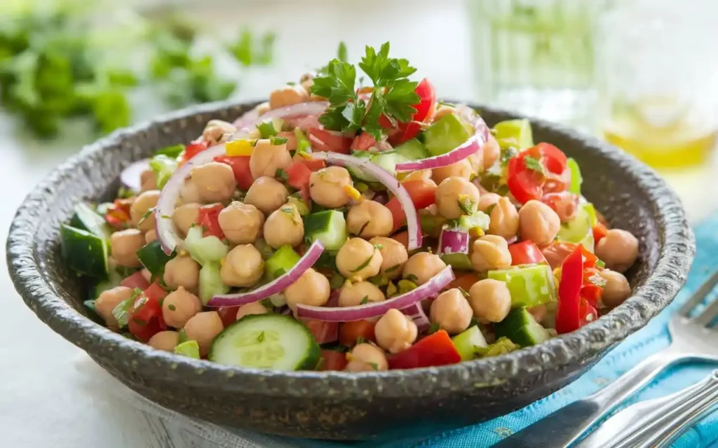 Kichererbsen Salat with cucumbers, tomatoes, onions, peppers, and parsley