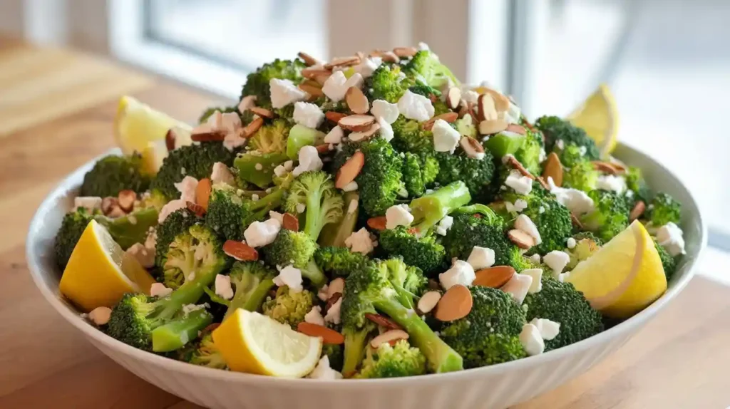 Frischer Brokkoli-Salat mit Feta, Mandeln und Olivenöl, serviert in einer großen Schüssel, dekoriert mit Zitronenscheiben.