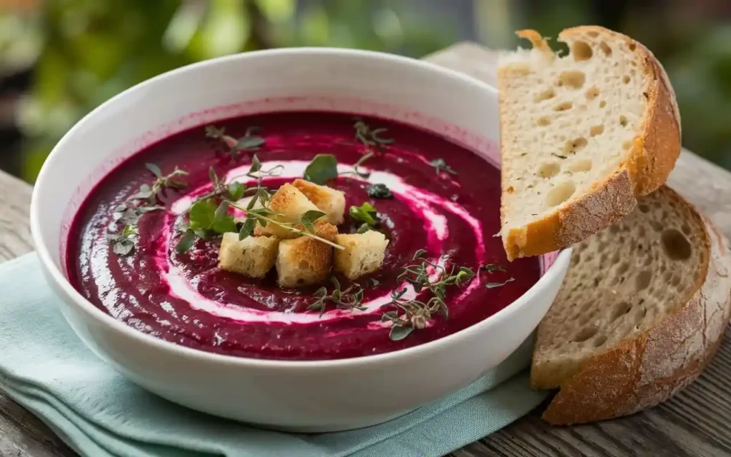 Rote Bete Suppe mit frischen Kräutern und Brot