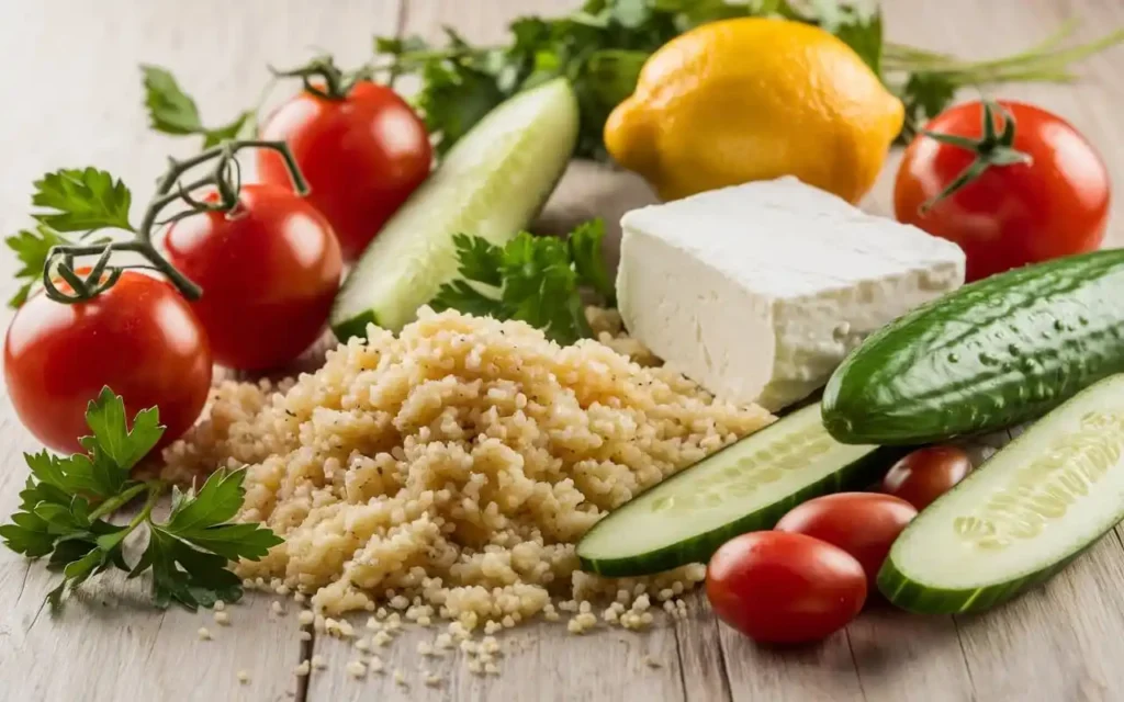 Ingredients for bulgur salad: bulgur, tomatoes, cucumbers, feta, lemon, parsley.