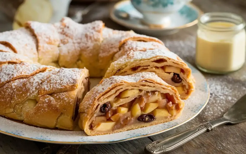 Freshly baked Apfelstrudel with Blätterteig dusted with powdered sugar on a rustic table.