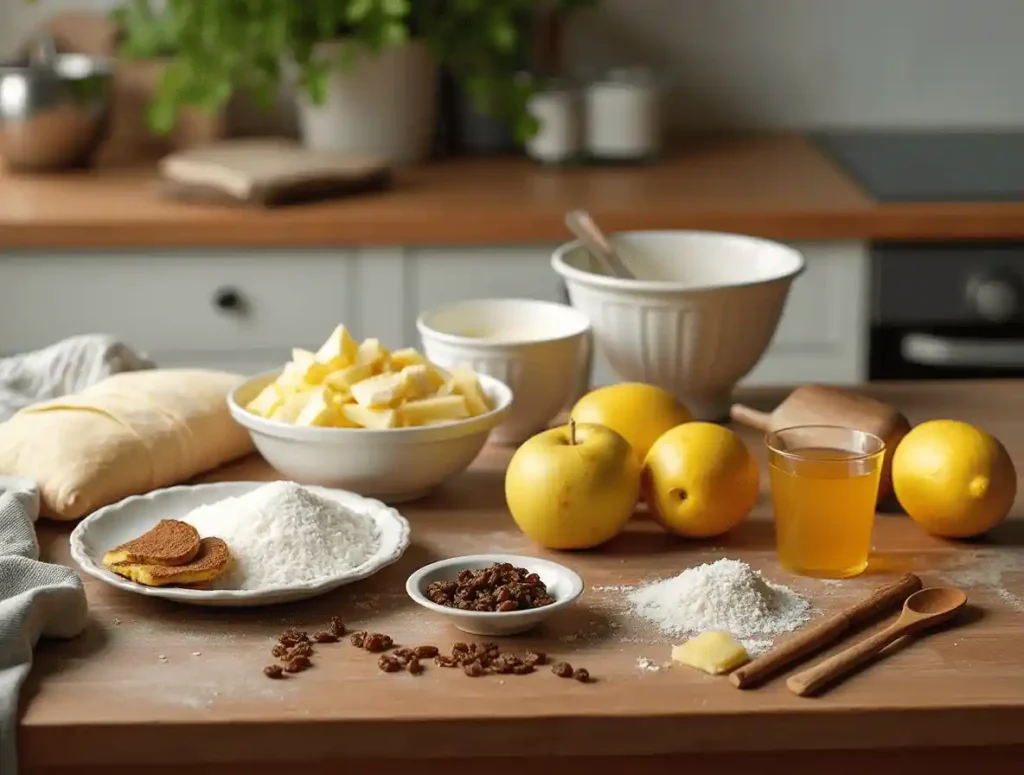 Ingredients for Apfelstrudel with Blätterteig arranged on a wooden countertop.