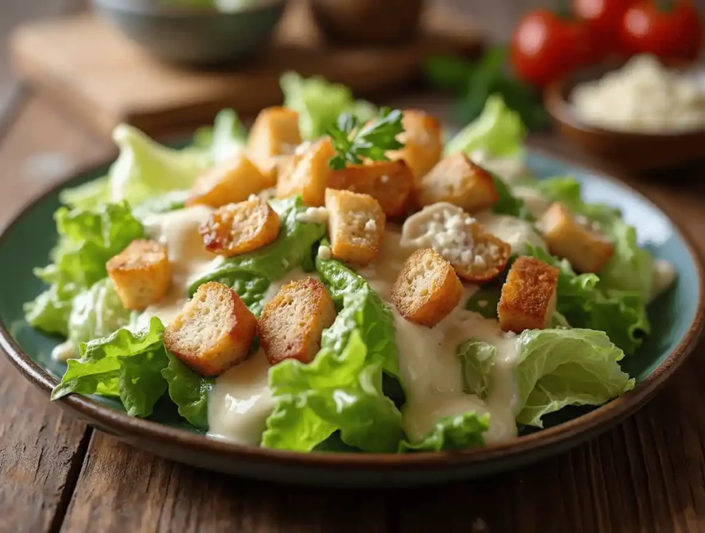 Caesar salad with melted Parmesan cheese and crispy croutons.