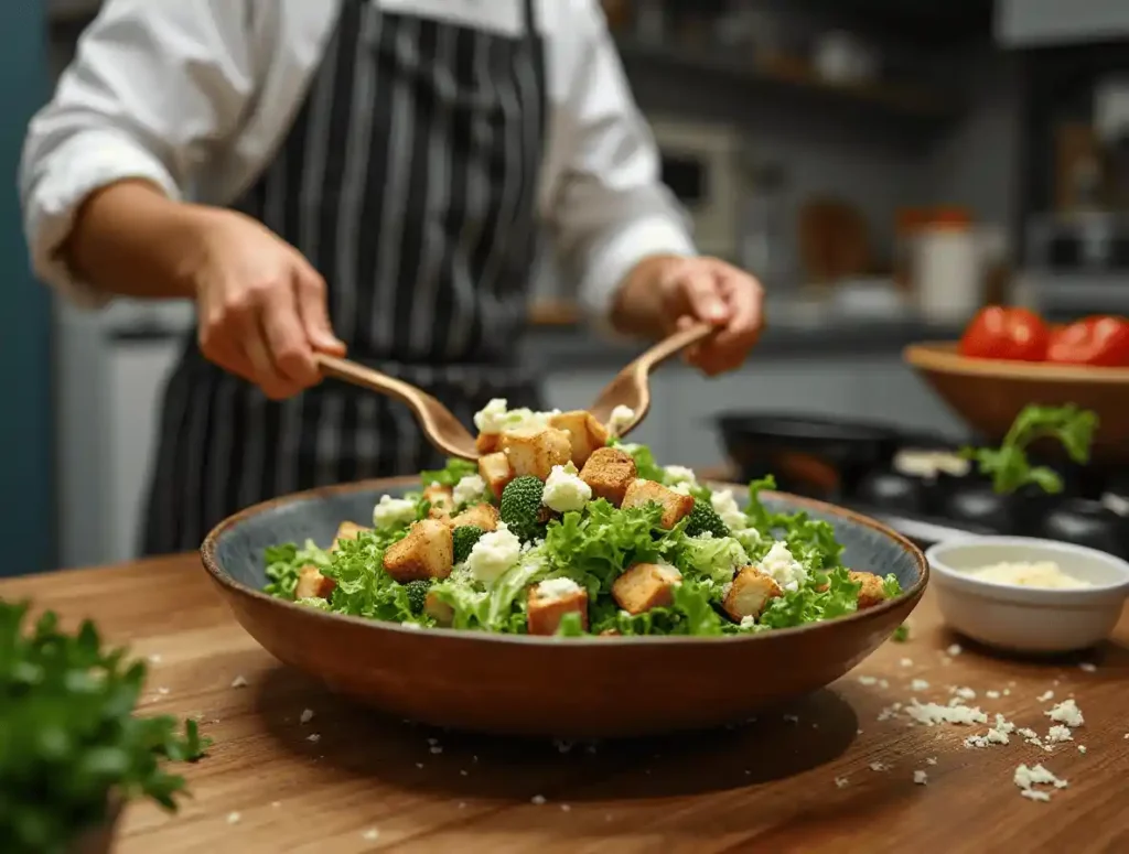 Chef preparing Caesar salad with melted Parmesan cheese.