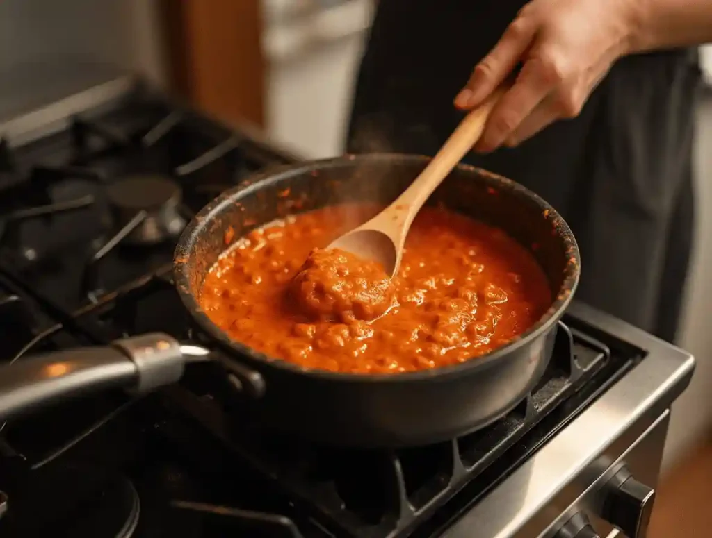 Pouring currywurst soße over sausages in the kitchen.