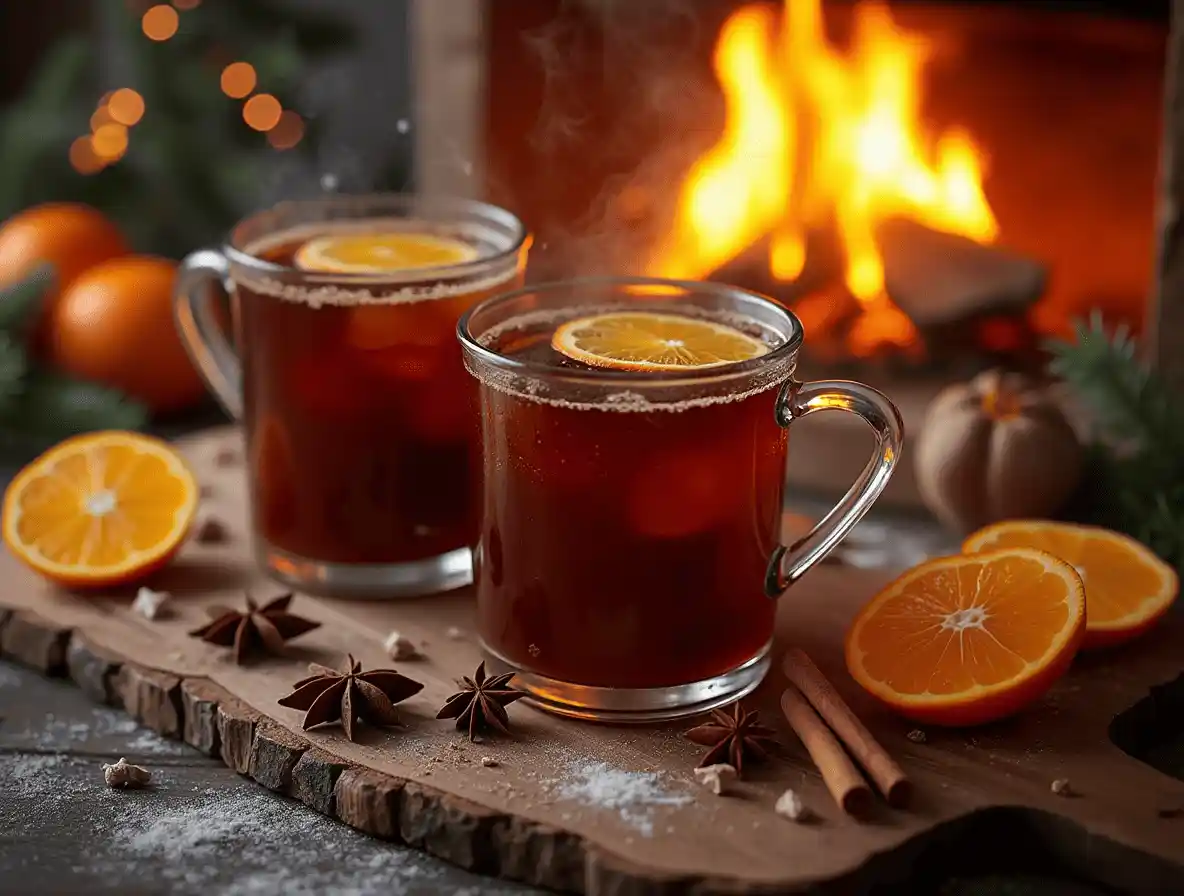 Traditional German Glühwein with spices and orange slices.