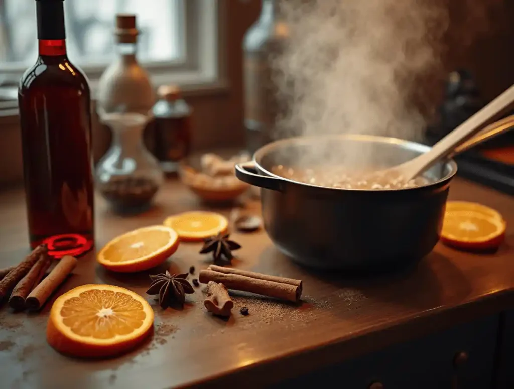 Preparing Glühwein with spices and wine on the stove.