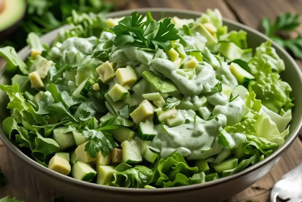 Gemahlene Zutaten für Green Goddess Salat, einschließlich Avocado, Gurke und Salat.