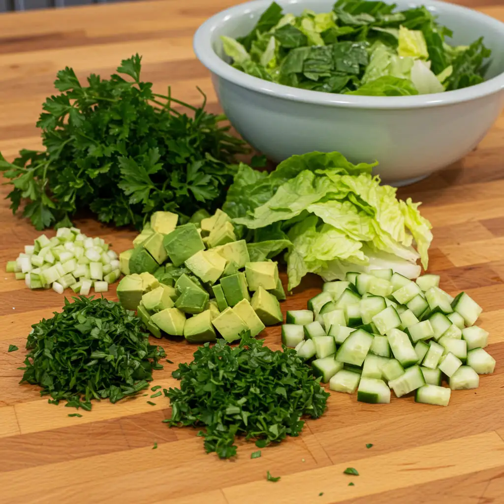 Frische Zutaten für Green Goddess Salat auf einem Holztisch.