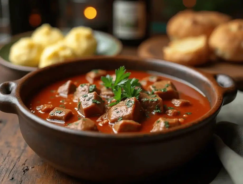 Gulasch Rezept served in a bowl with tender beef, rich paprika sauce, and potato dumplings.