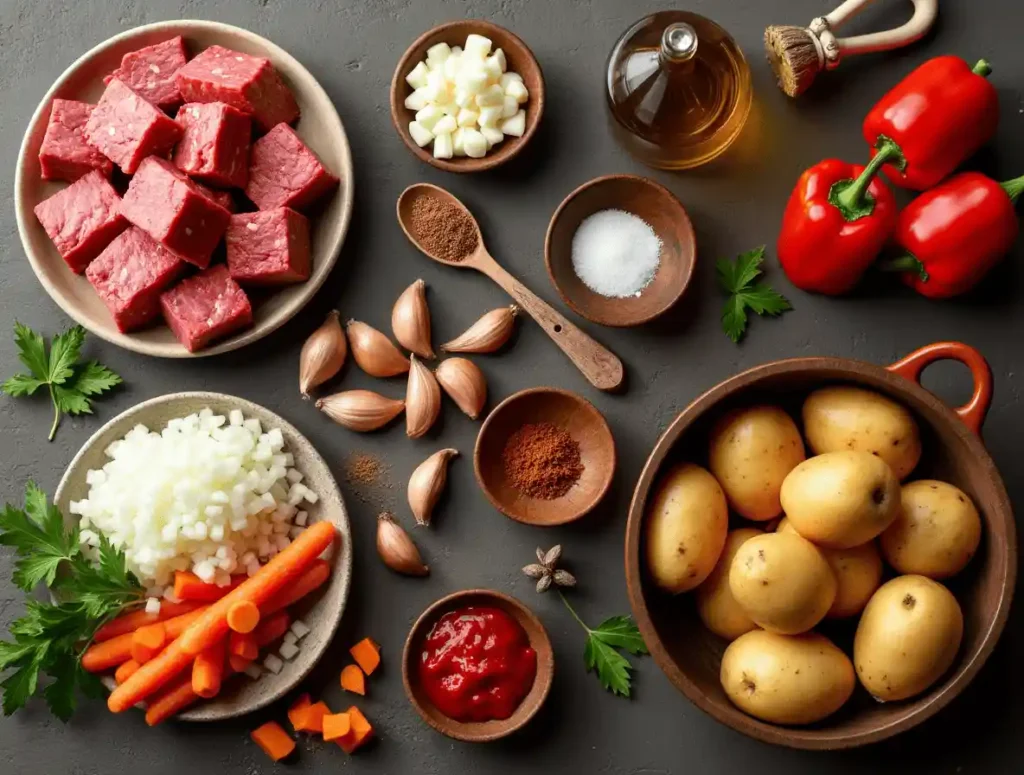 Fresh ingredients for Gulasch Rezept, including beef, onions, paprika, and vegetables on a wooden surface.