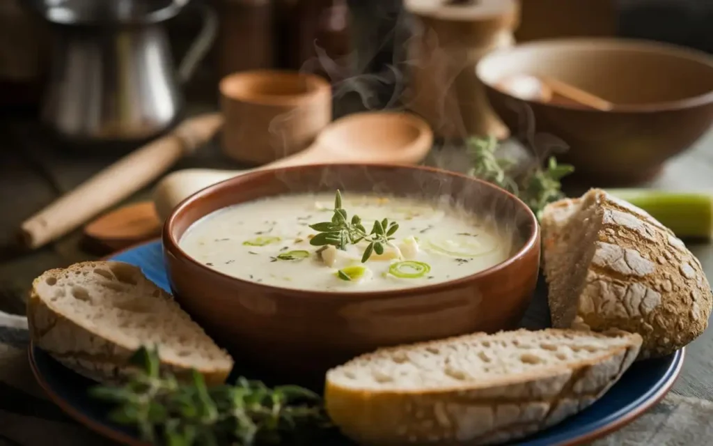 Delicious bowl of Käse Lauch Suppe with fresh herbs and rustic bread.