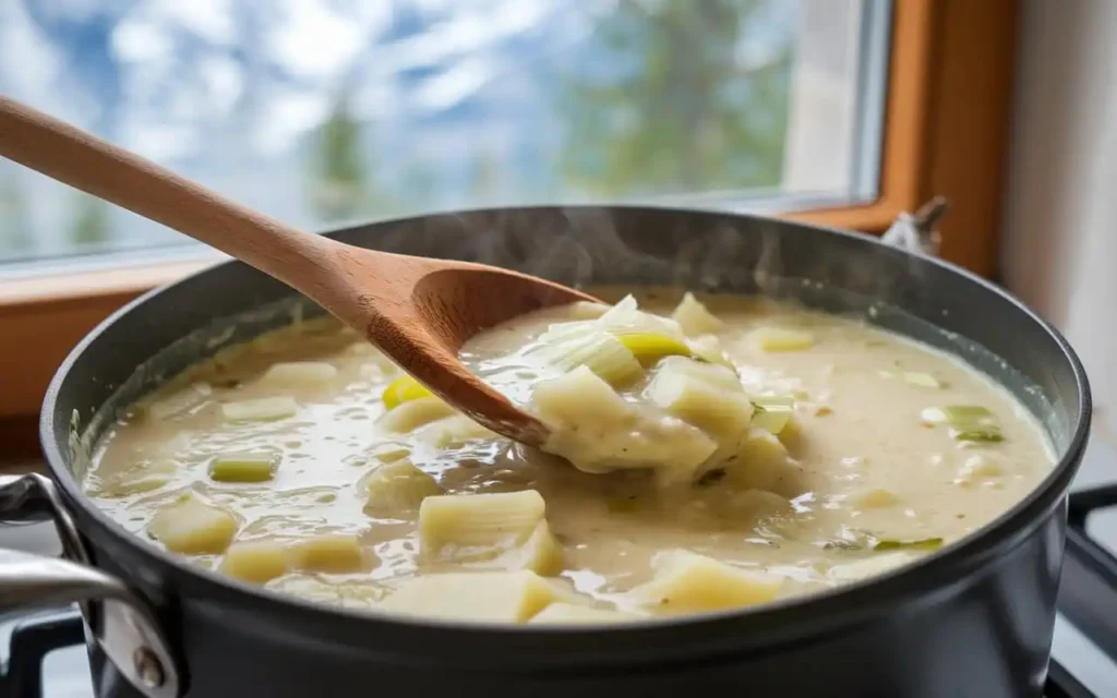 Stirring bubbling Käse Lauch Suppe with melted cheese and fresh leeks.