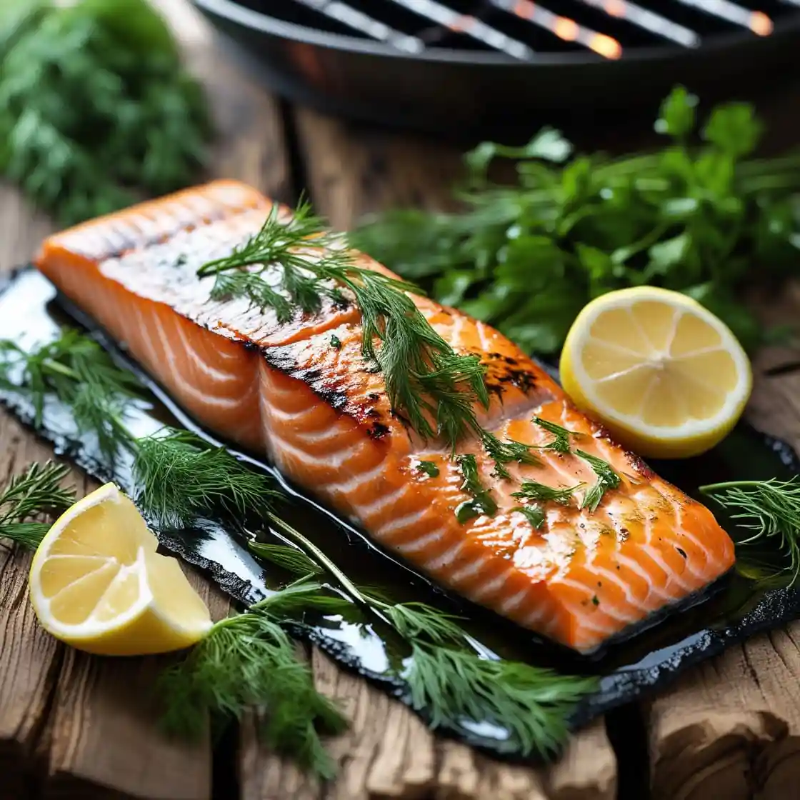 Lachs grillen mit knuspriger Haut und Zitronenscheiben auf dem Grill.