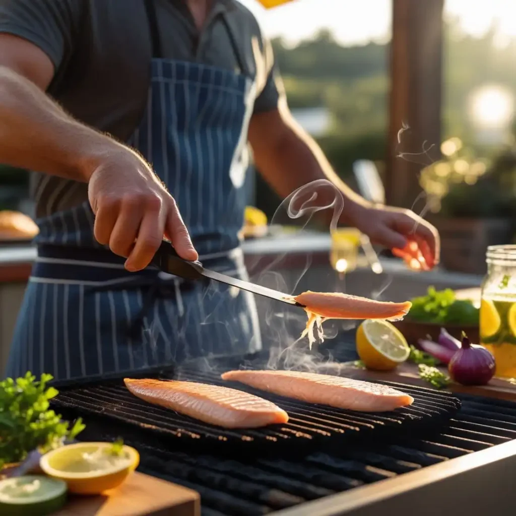 Lachs grillen auf dem heißen Grill mit frischer Marinade.