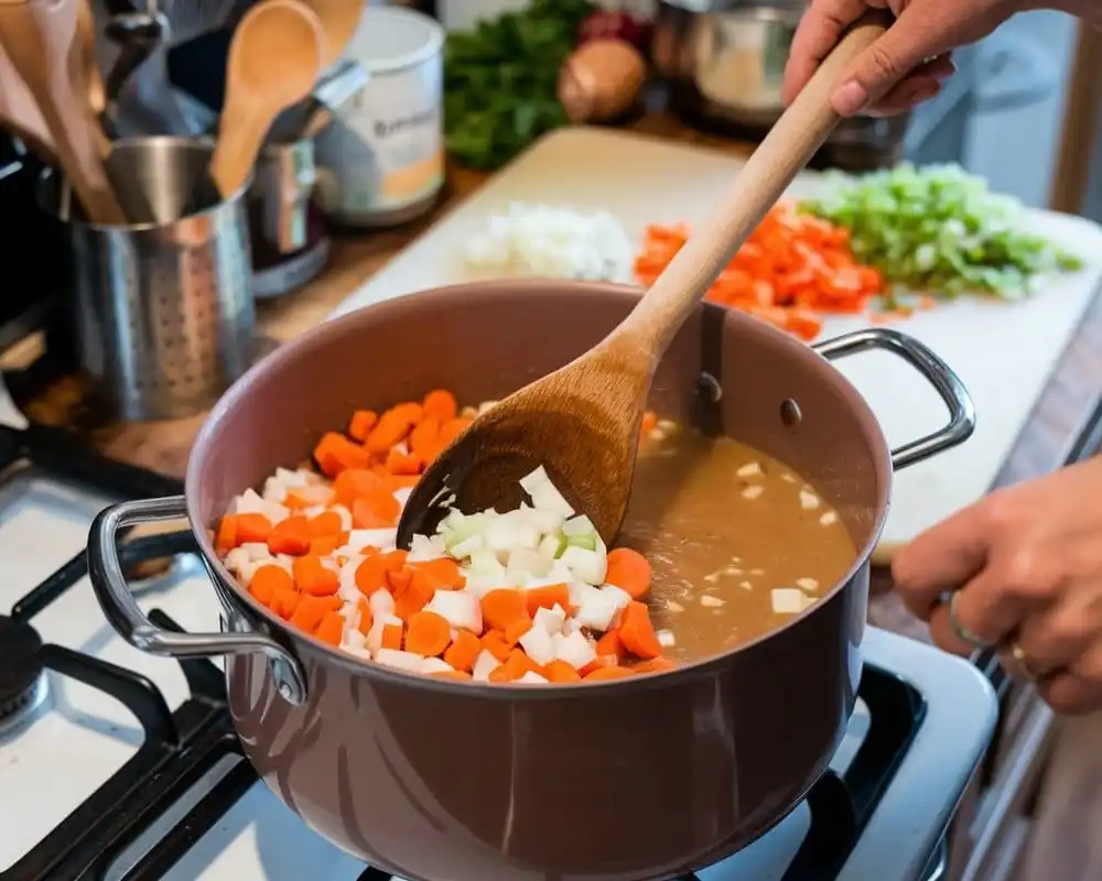 Bohnen und Gemüse kochen zusammen in einem Topf für Morosche Suppe.