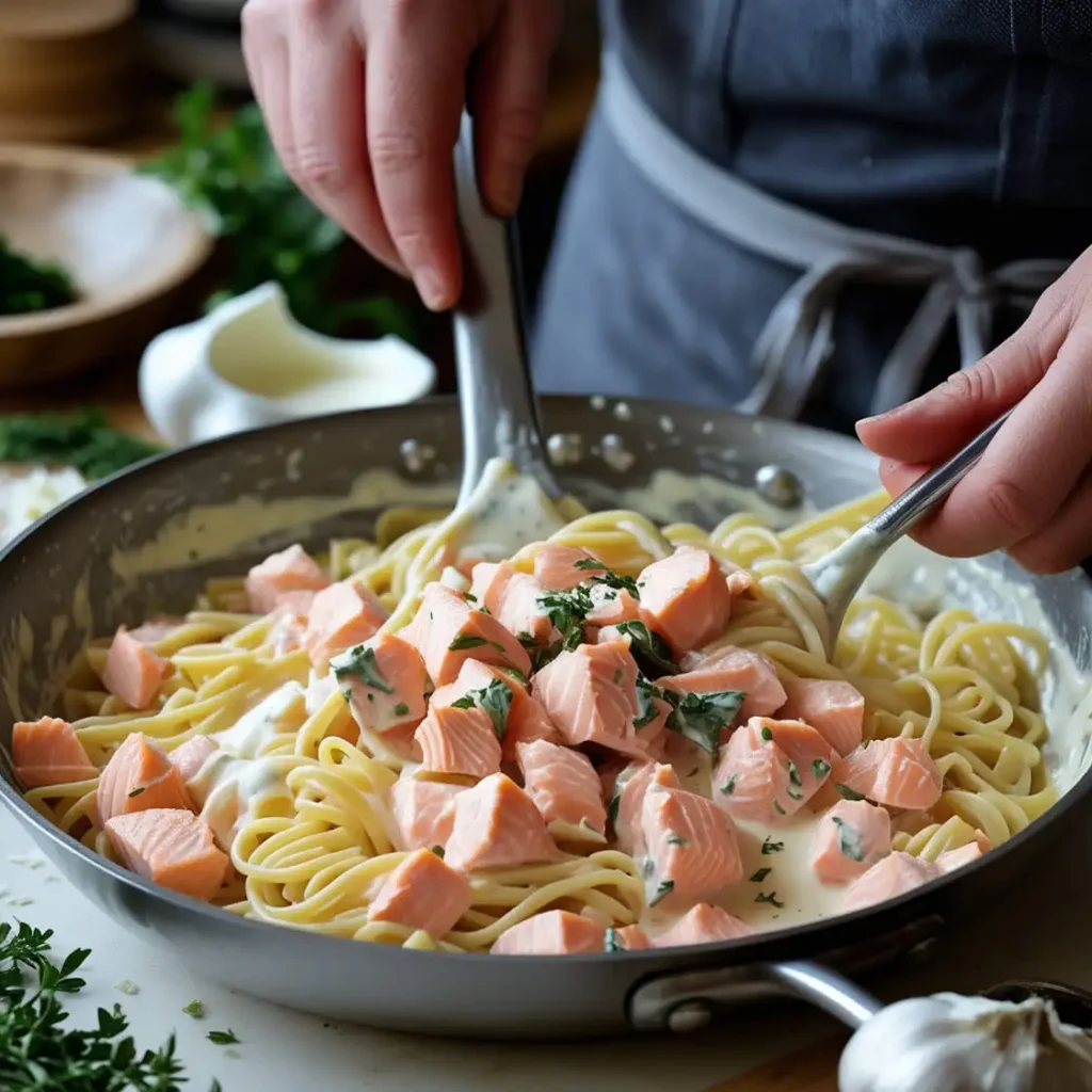 Zubereitung von cremiger Pasta mit geschnittenem Lachs in einer Pfanne.