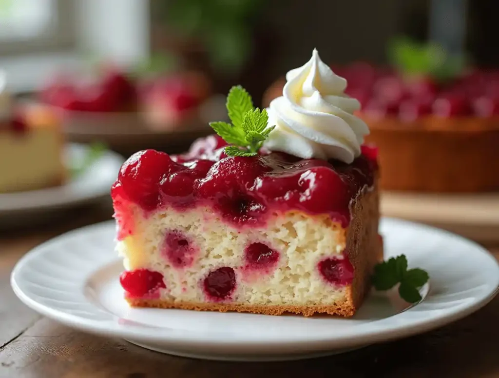 Scheibe Rote Grütze Kuchen mit Sahne und Minzblättern