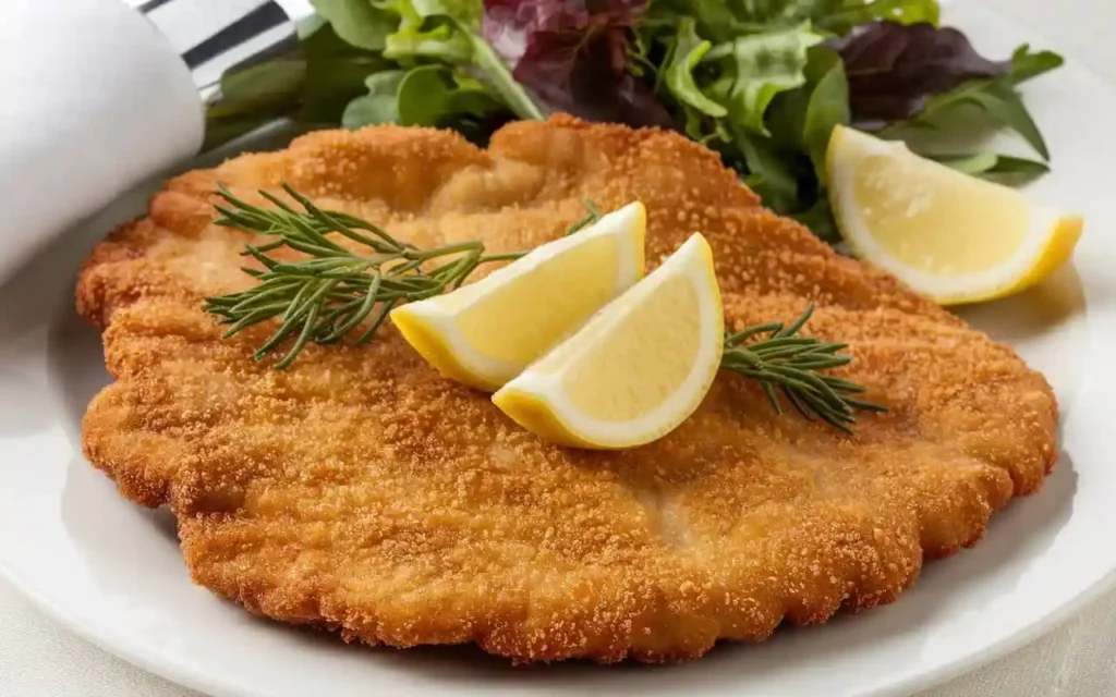 Wiener Schnitzel with crispy crust and lemon wedges.