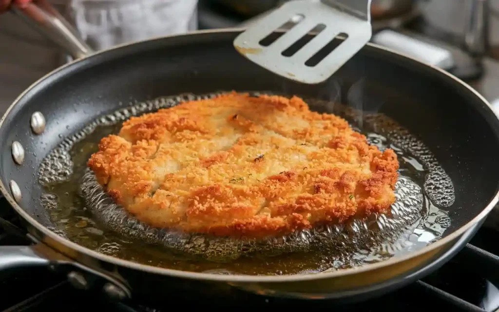 Frying Schnitzel in a pan with crispy breading.