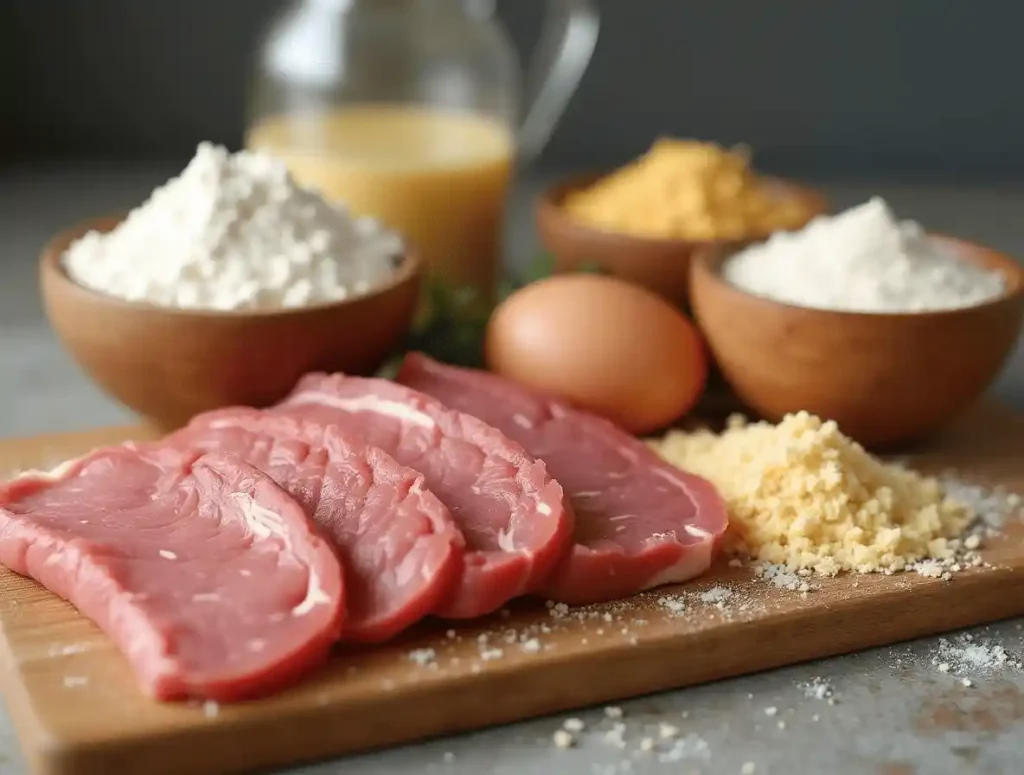 Ingredients for making Schnitzel: meat, flour, eggs, breadcrumbs