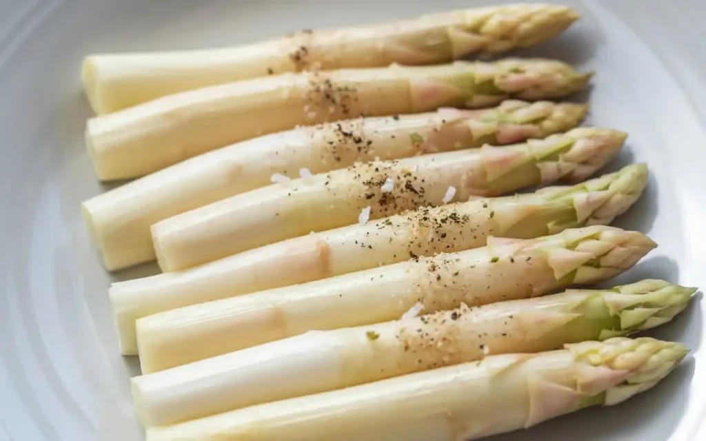 Peeled asparagus on a plate ready to cook – Spargel kochen.