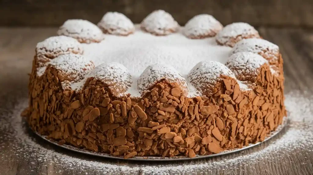 Ein weihnachtlicher Spekulatius Kuchen mit Puderzucker bestäubt, umgeben von Zimtstangen und Tannenzweigen auf einem rustikalen Holztisch.