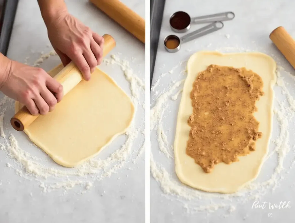 Zimtschnecken-Teig wird ausgerollt und mit Zimt-Butter-Mischung bestrichen