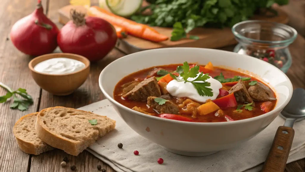 Gulaschsuppe Rezept: Frische Zutaten beim Kochen im Topf.