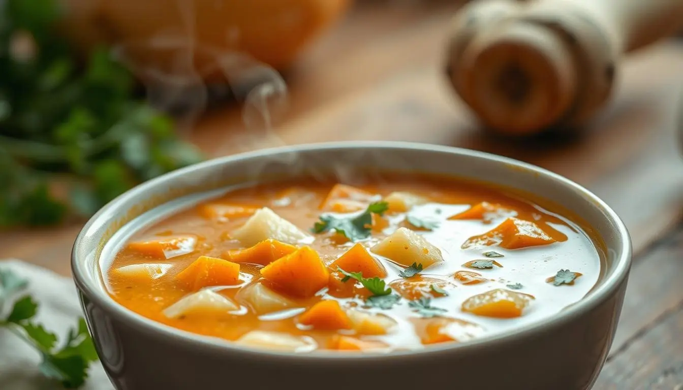 Kartoffel-Möhren-Suppe serviert in einer Schüssel, garniert mit frischen Kräutern.