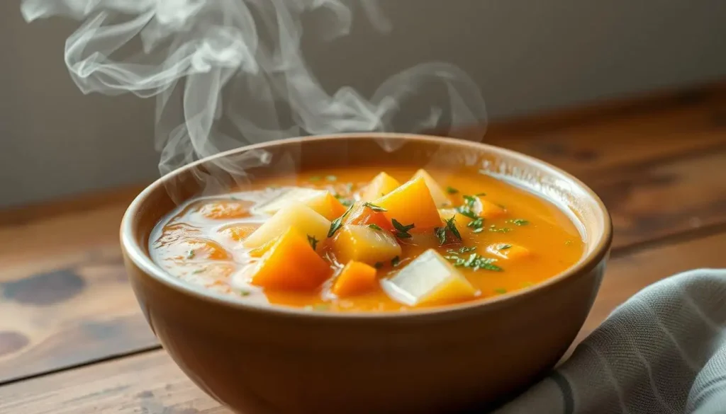 Kartoffel-Möhren-Suppe wird in einem Topf auf dem Herd gekocht.