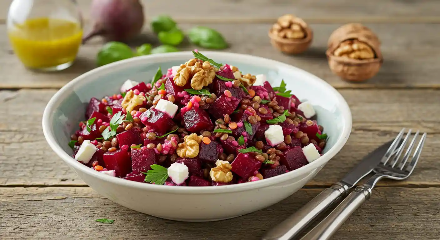 Rote-Bete-Linsen-Salat mit frischen Zutaten, Walnüssen und Feta.