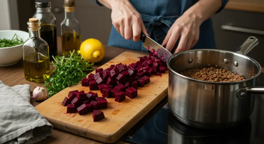 Zubereitung von Rote-Bete-Linsen-Salat in einer gemütlichen Küche.