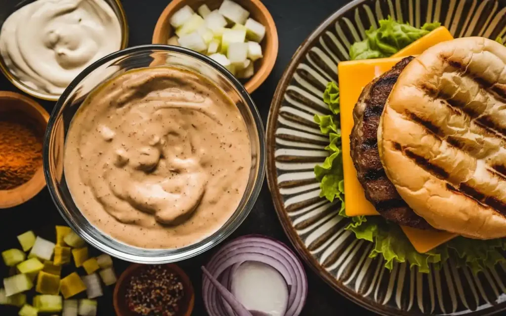 Hausgemachtes Big Mac Sauce Rezept in einer Glasschüssel mit frischen Zutaten drumherum.