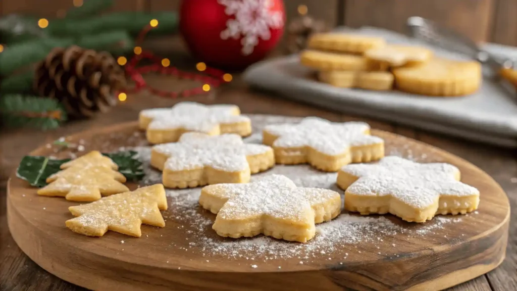 Frisch gebackene Butterplätzchen Rezept, goldbraun und mit Puderzucker bestäubt.