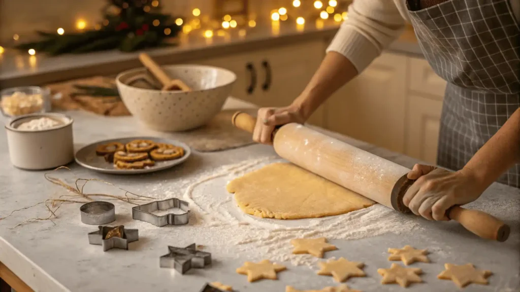 Teig für Butterplätzchen Rezept auf einer bemehlten Arbeitsfläche ausrollen.