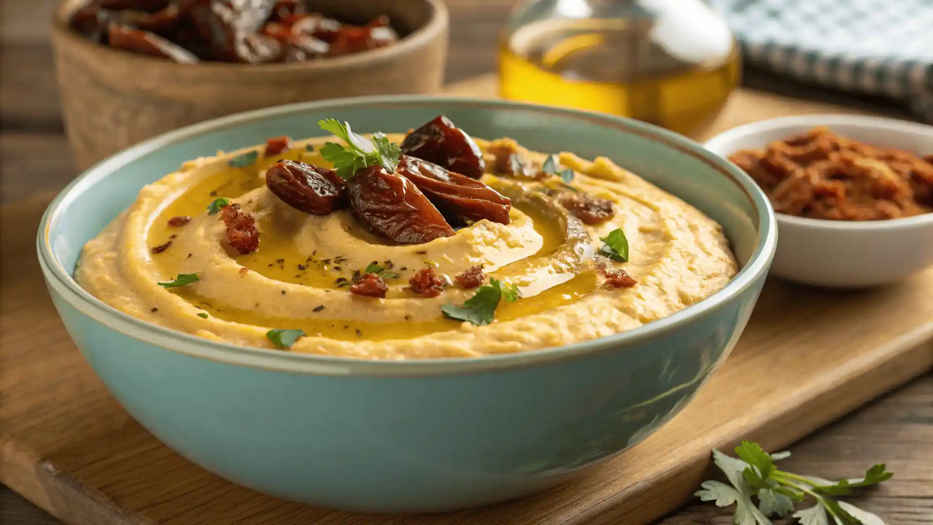 Frisch zubereiteter Datteldip Rezept serviert mit Pita-Brot.