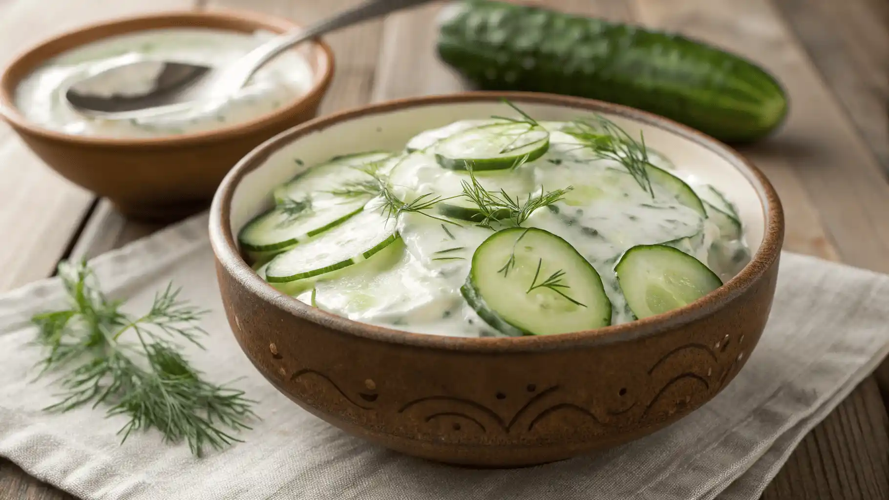 Alt-Text: Cremiger Gurkensalat Rezept mit frischem Dill in einer Schüssel serviert.