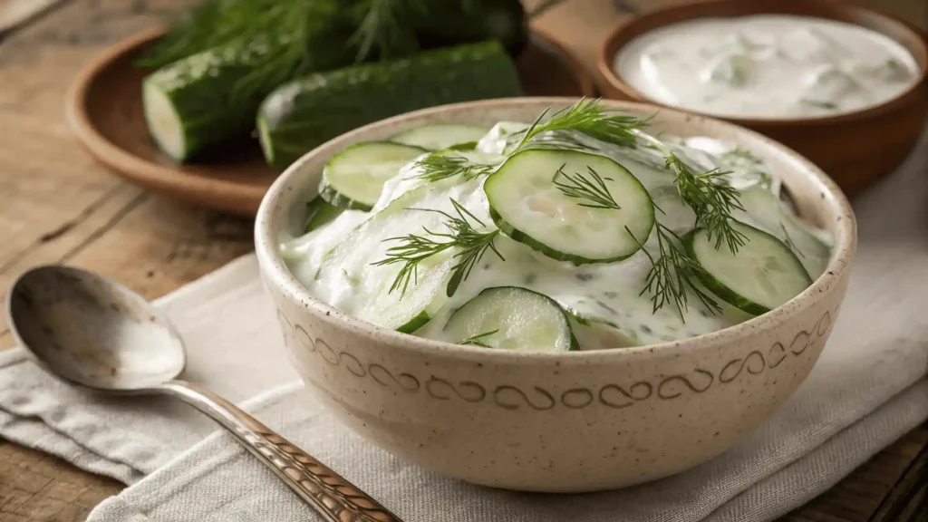 Frisch geschnittener Gurkensalat Rezept wird mit cremigem Dressing vermengt.