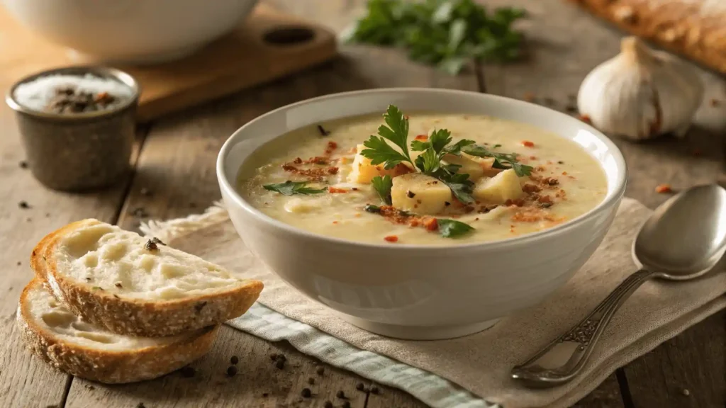 Kartoffelsuppe Rezept serviert mit frischen Kräutern und knusprigem Brot.