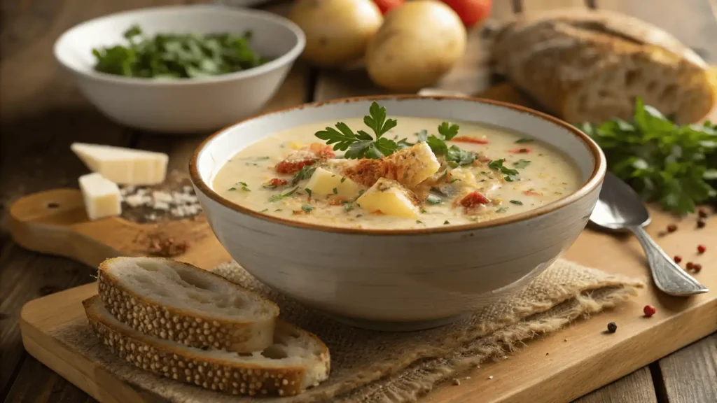 Kartoffelsuppe Rezept wird mit frischen Zutaten auf dem Herd zubereitet.