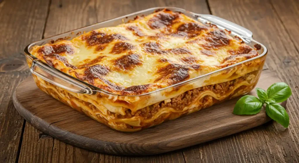 Lasagne Rezept frisch aus dem Ofen, goldbraun mit geschmolzenem Käse.