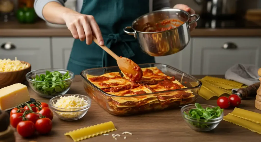 Zubereitung eines Lasagne Rezepts in der Küche, mit frischen Zutaten.