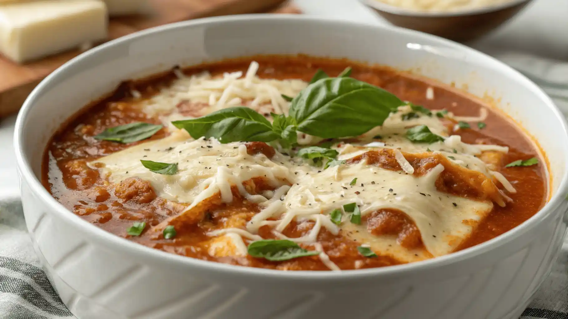 Cremige Lasagne Suppe mit geschmolzenem Käse und Basilikum.